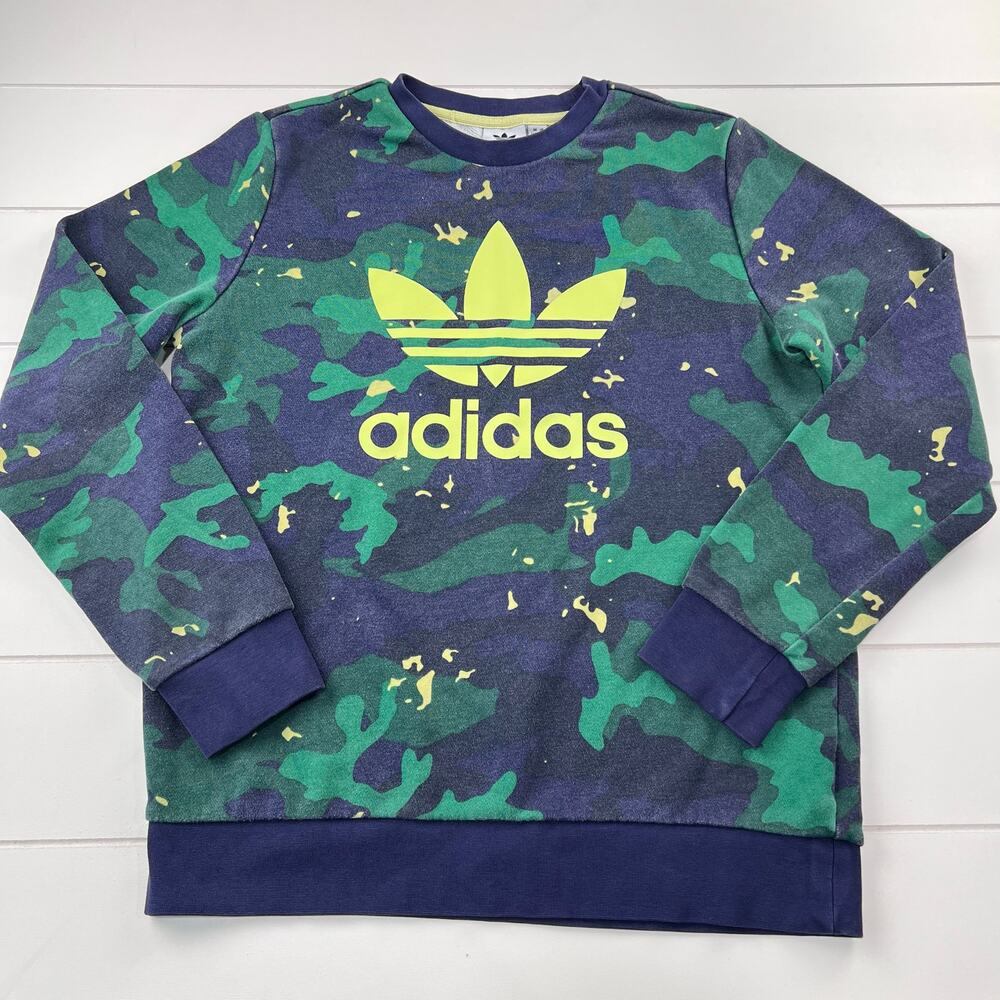 Adidas Green Blue Camo Kids Boys Size Large Crewneck Sweatshirt